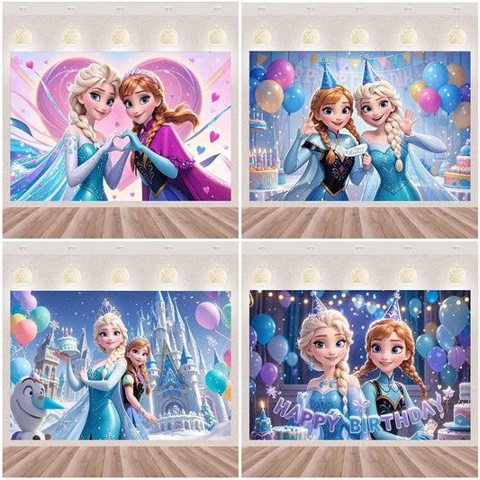 Frozen Elsa Anna Princess Theme Backdrop Frozen Birthday Party Decoration Baby Shower Supplies Background Photo Prop Girl Gift
