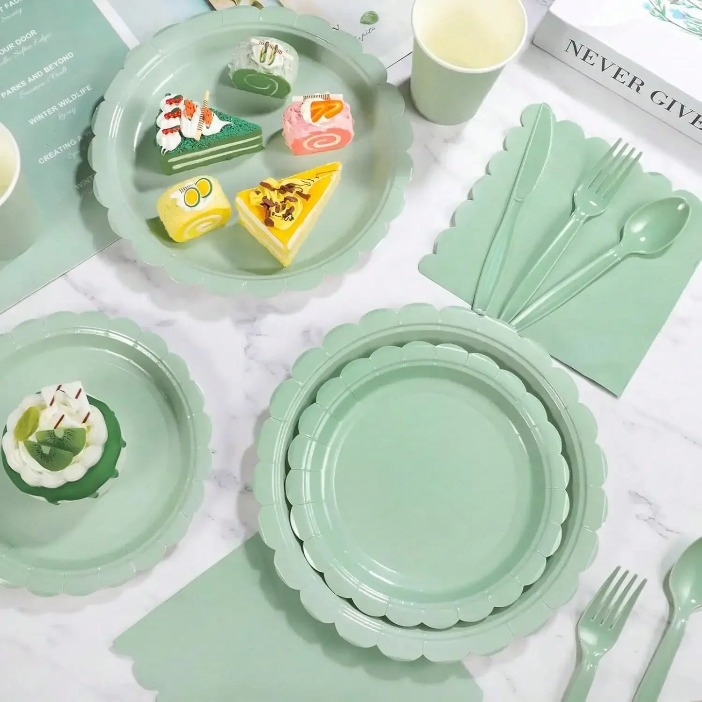 96 Pcs Sage Green Party Cutlery Set Disposable Paper Plates and Cups, Suitable for Weddings, Birthdays, Valentine's Day Supplies