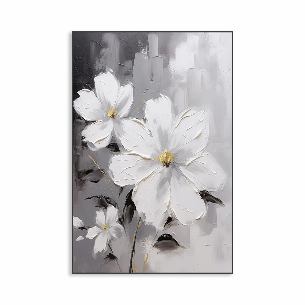 White Textured Flower Painting Poster Heavy Textured Minimalist Wall Art Canvas Painting Prints Home Living Room Decoration