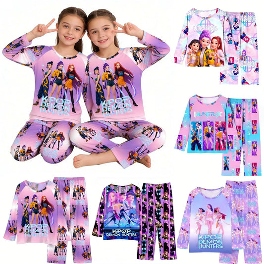 KPop Demon Hunters Huntrix Kids Pajamas Set Long Sleeve Girls Clothing 2pcs Children's Sleepwear Cartoon Boys Nightwear 3-14Y