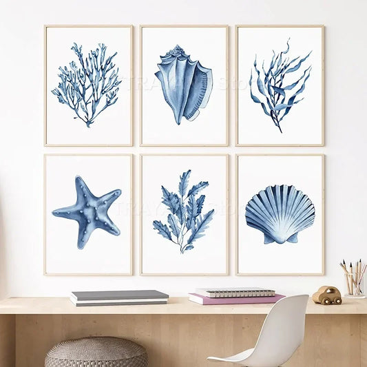 Watercolor Coral Seaweed Starfish Shell Conch Navy Blue Posters Prints Wall Art Canvas Painting Pictures For Living Room Decor