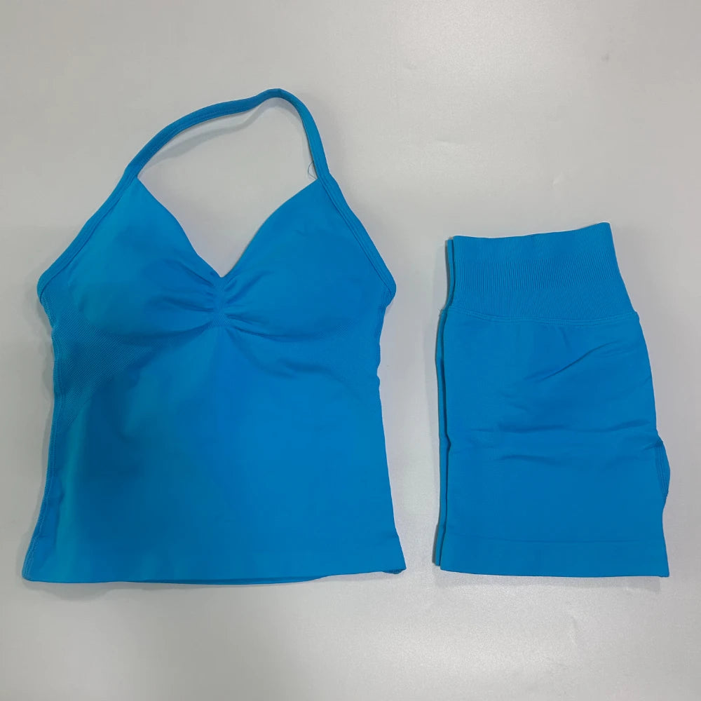 2Pcs Gym Set Women Backless Tank Tops High Waist Scrunch Seamless Shorts