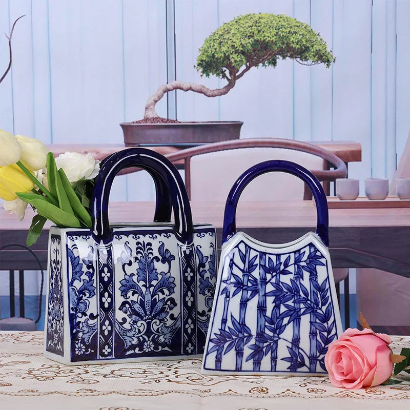 Blue and White Porcelain Desktop Handbag Vase, Ceramic Vase, Aesthetic Decoration, Flowerpot, Room Decoration Accessories.