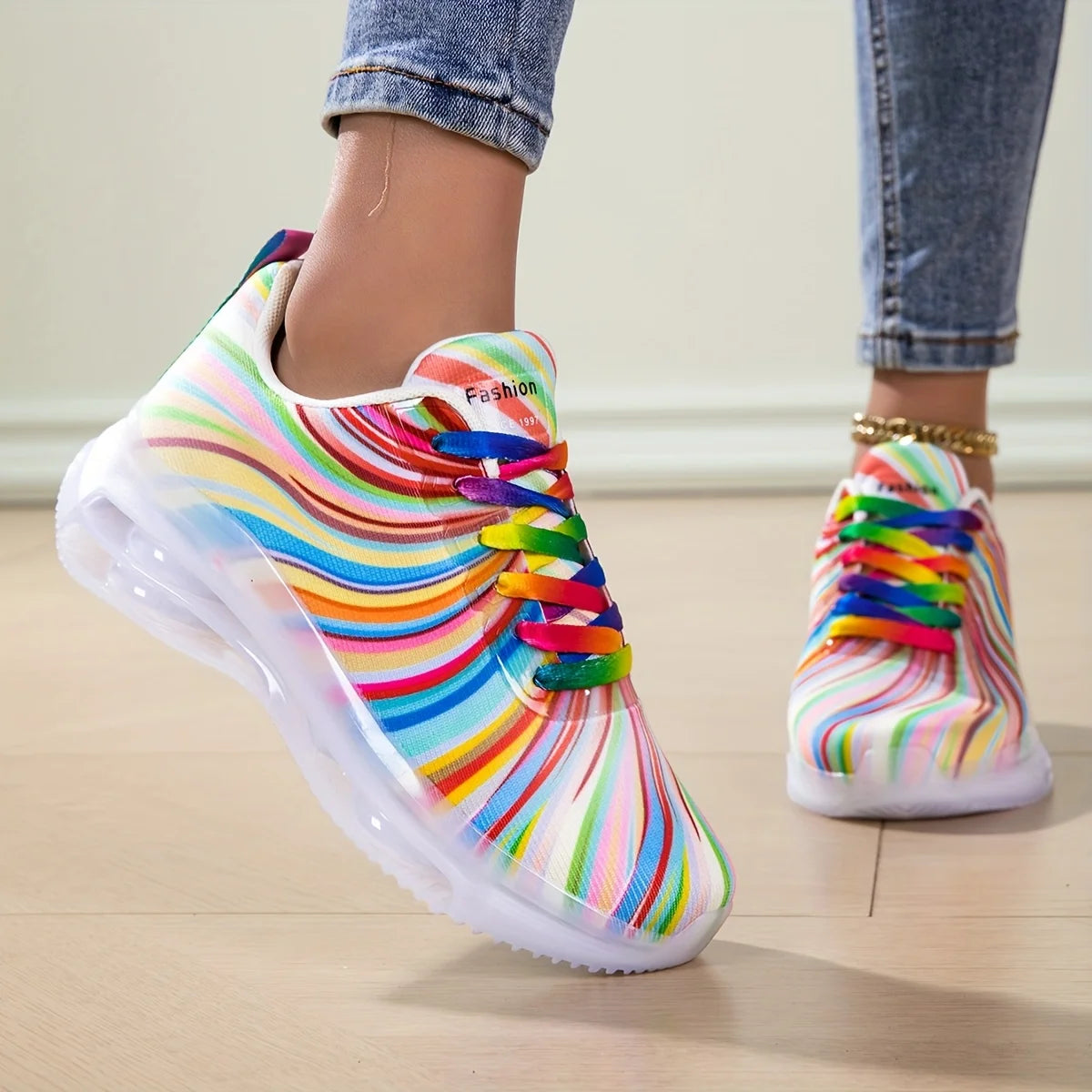 Women's Rainbow Stripe Casual Sports Shoes Summer Mesh Fashion Flat Beach and Leisure Holiday Lace-up Running Shoes for Ladies