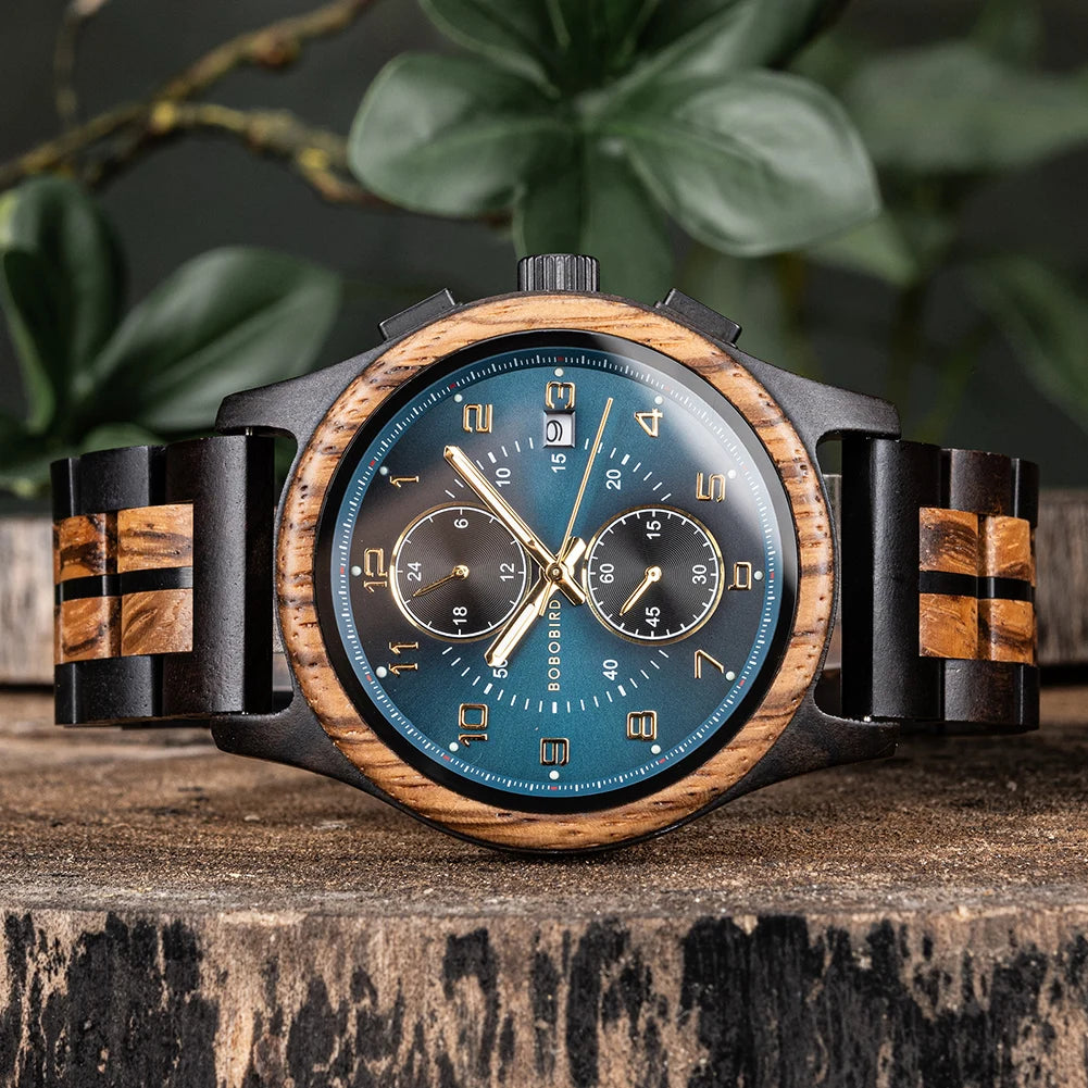 Wooden Watch for Men BOBO BIRD Chronograph Wristwatch with Luminous Hands Wood Watches Anniversary Gift for Him