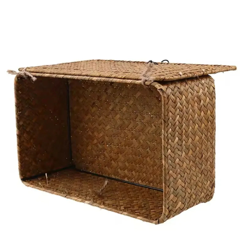 +Handwoven Seagrass Shelf Basket with Lid, Rectangular Desktop Organizer for Makeup & Sundries