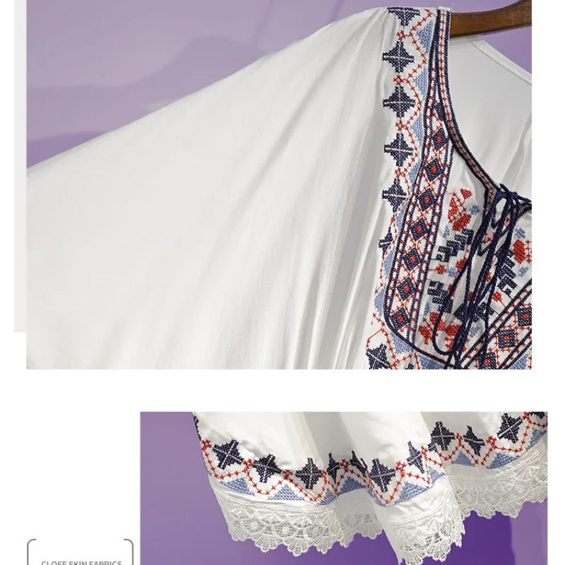 Women Summer Tees Retro Boho Style Embroidery Blouses Cloak Top Loose Cotton Lace Hem Bat sleeve Kimono Shirts Blusa Feminina
