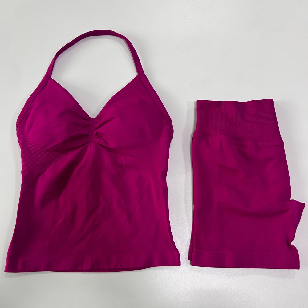 2Pcs Gym Set Women Backless Tank Tops High Waist Scrunch Seamless Shorts