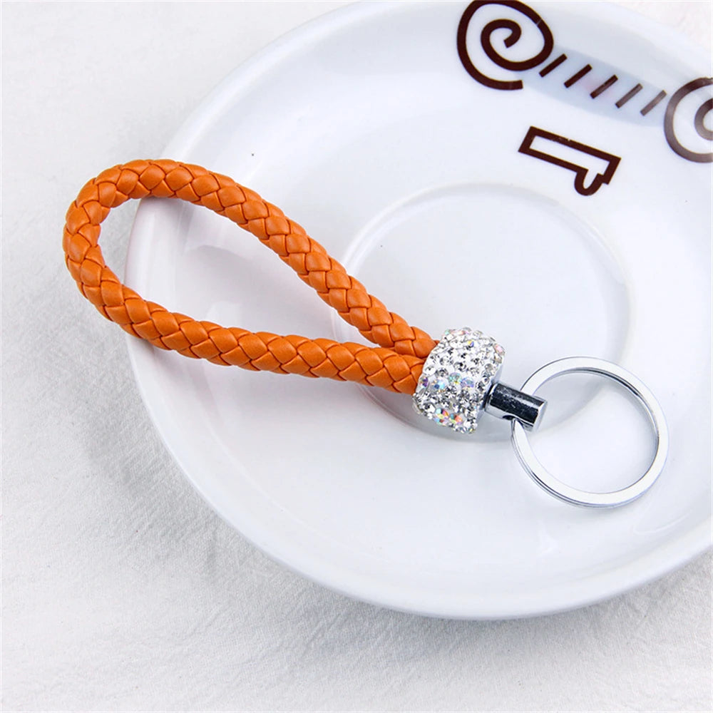 Creative Hand Woven Leather Car Keychain With Diamond Women Men Wallet Backpack Charm Bling Crystal Rope Keyring For Couple Gift