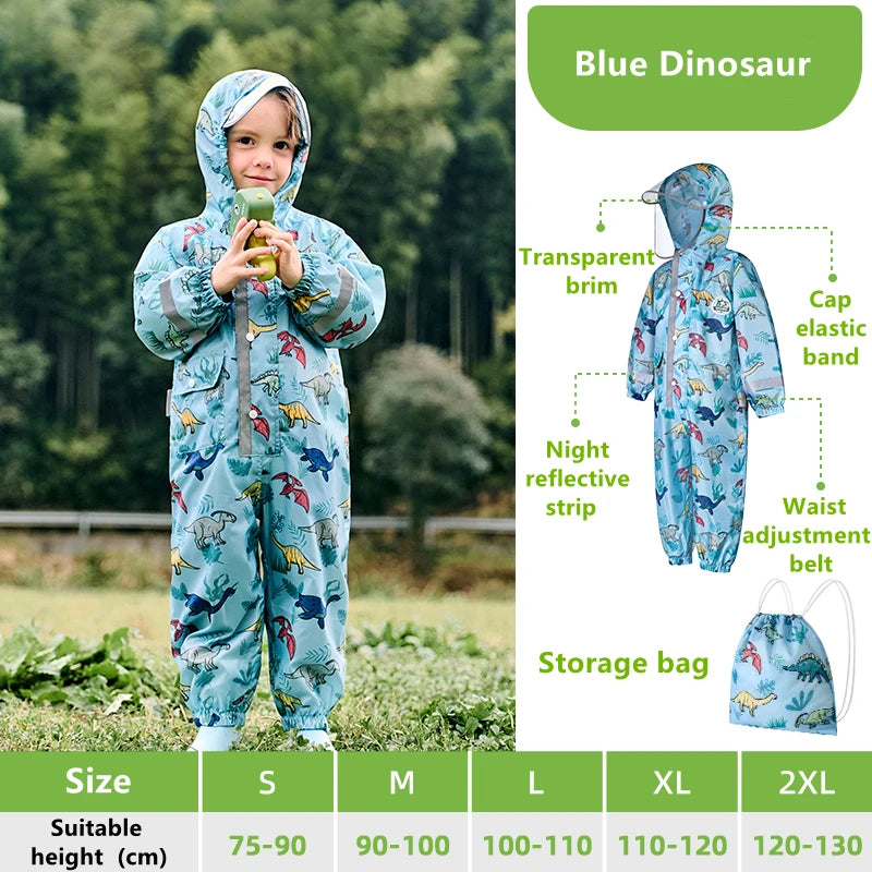 Camouflage Print Kids Raincoat With Visor Hood Reflective Strips Waterproof Toddler Cute Animal Outdoor Travel Coverall Raincoat