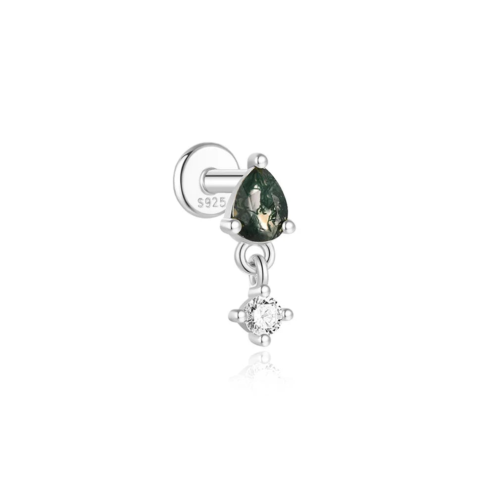 AIDE Water Grass Agate 925 Sterling Silver Flat Head Thread Piercing Earring Green Moss Piercing Ear Bone Earring Jewelry 1pc