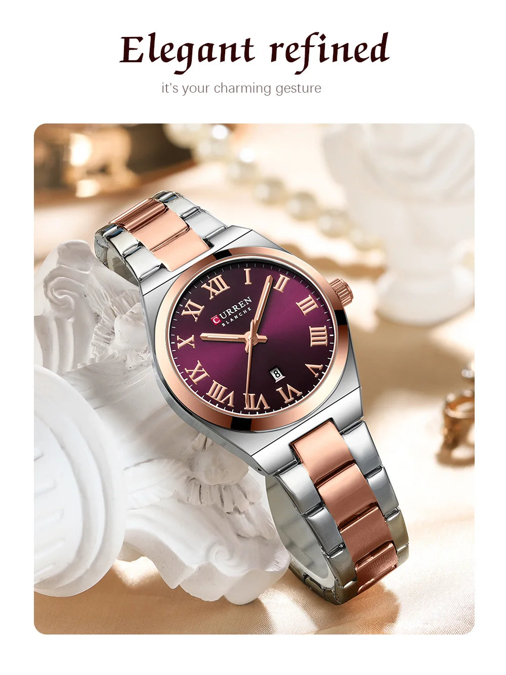CURREN Fashionable Quartz Watches for Women Roman Numerals Simple Elegant Stainless Steel Braclete Ladies Wristwatch