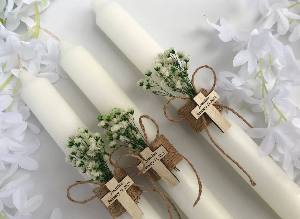 3pcs Personalised Christening Baptism Candle Naming Day Memory Keepsake Gift Unisex Boy Girl, Godparents, Custom Wood Cross