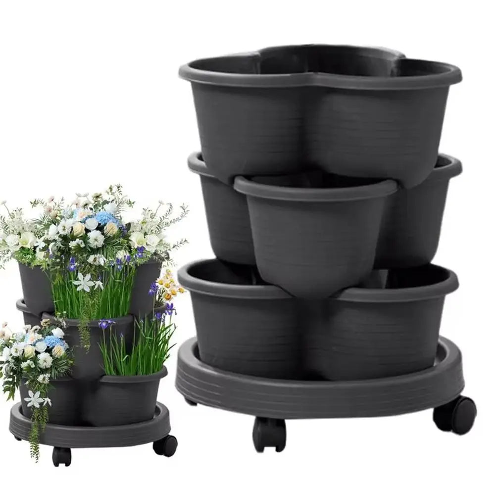 New Vertical Tower Stackable FlowerPot Plastic Multi-layer Flower Pot with Movable Casters Strawberry Planter Tower Home Garden