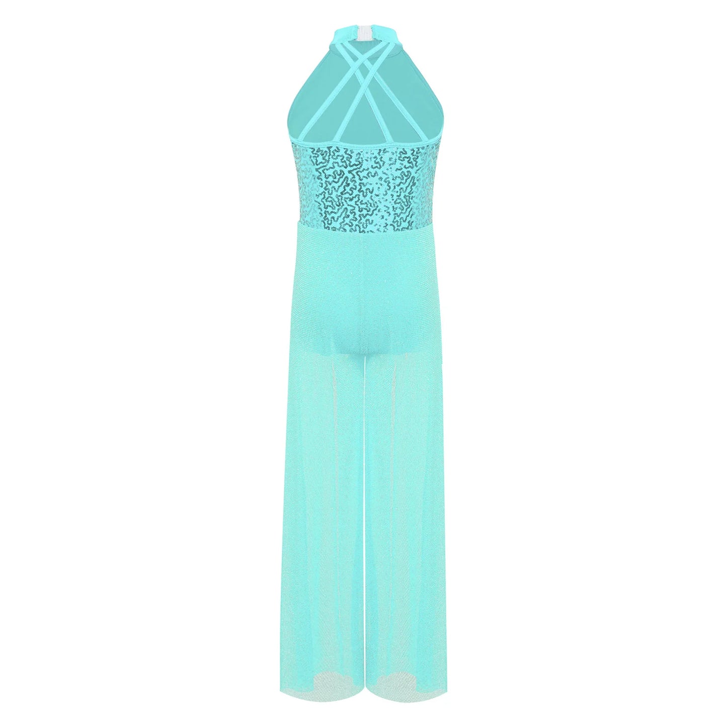 Children Girls Modern Lyrical Dance Jumpsuit Sleeveless Shiny Sequin Mesh Split Ballet Figure Skating Gymnastic Leotard Bodysuit