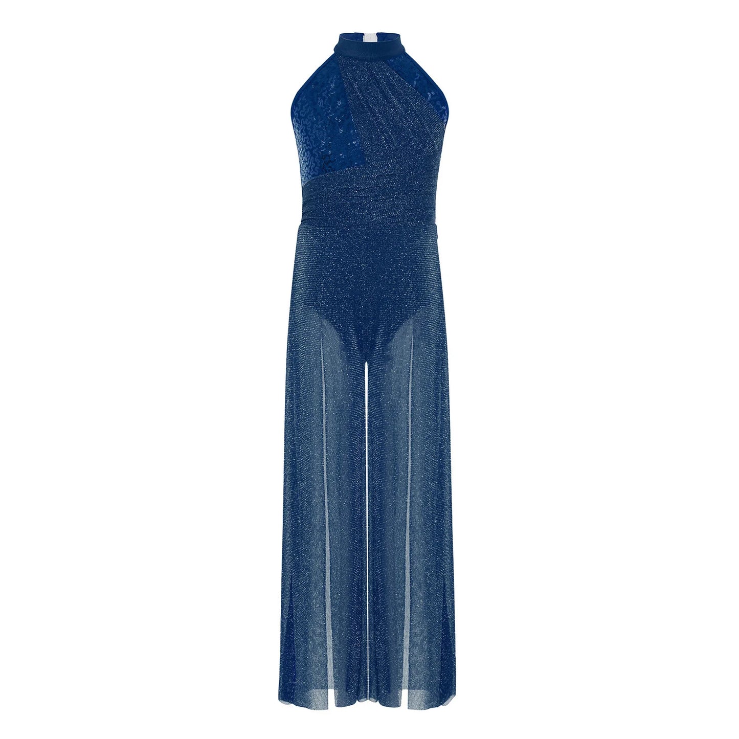 Children Girls Modern Lyrical Dance Jumpsuit Sleeveless Shiny Sequin Mesh Split Ballet Figure Skating Gymnastic Leotard Bodysuit