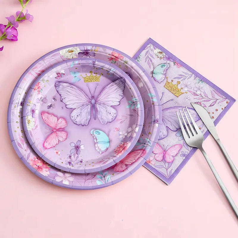 Purple Butterfly Party Decoration Disposable Paper Plates Napkins Cups Straw Tableware Set for Butterfly Birthday Party