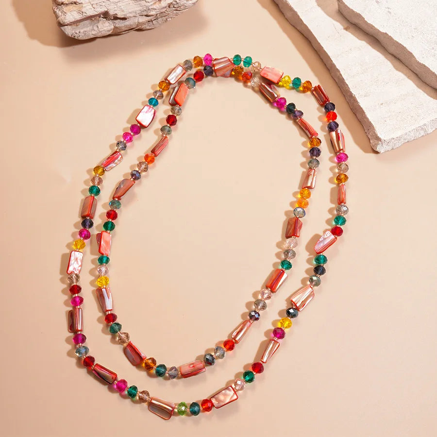 Boho Double-layer Shell Long Necklace for Women Vintage Irregular Beads Necklace Female Summer Vacation Jewelry Holiday Gifts
