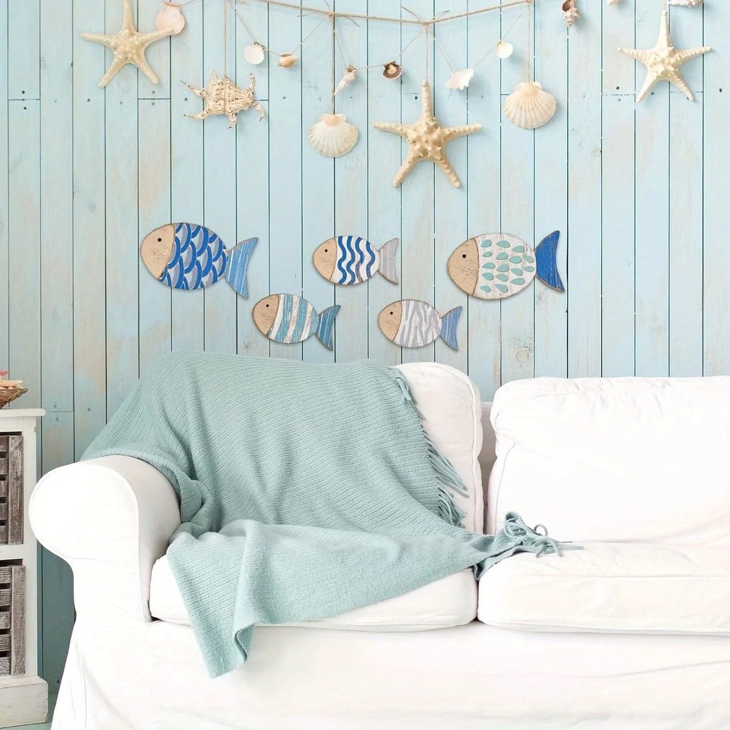 2D Wooden Fish Nautical Walls Beach Art Walls Hang Decorated Marine Themed Retro blue Fish Family Bathroom Pendants Gifts
