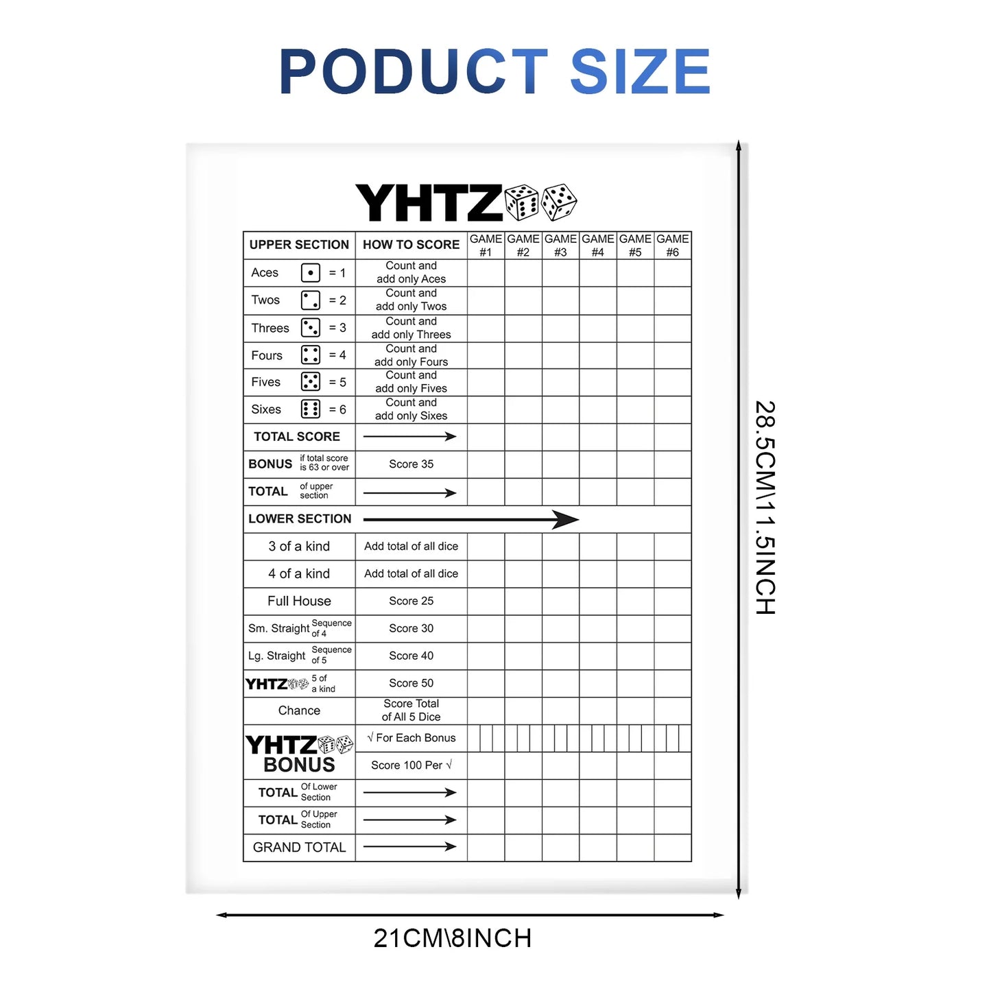 LaminatedYardzee Score Card with Rules,Reusable,Dry Erase Score Sheet for Giant Outdoor Dice Games,Jumbo Score Sheet for Yahtzee