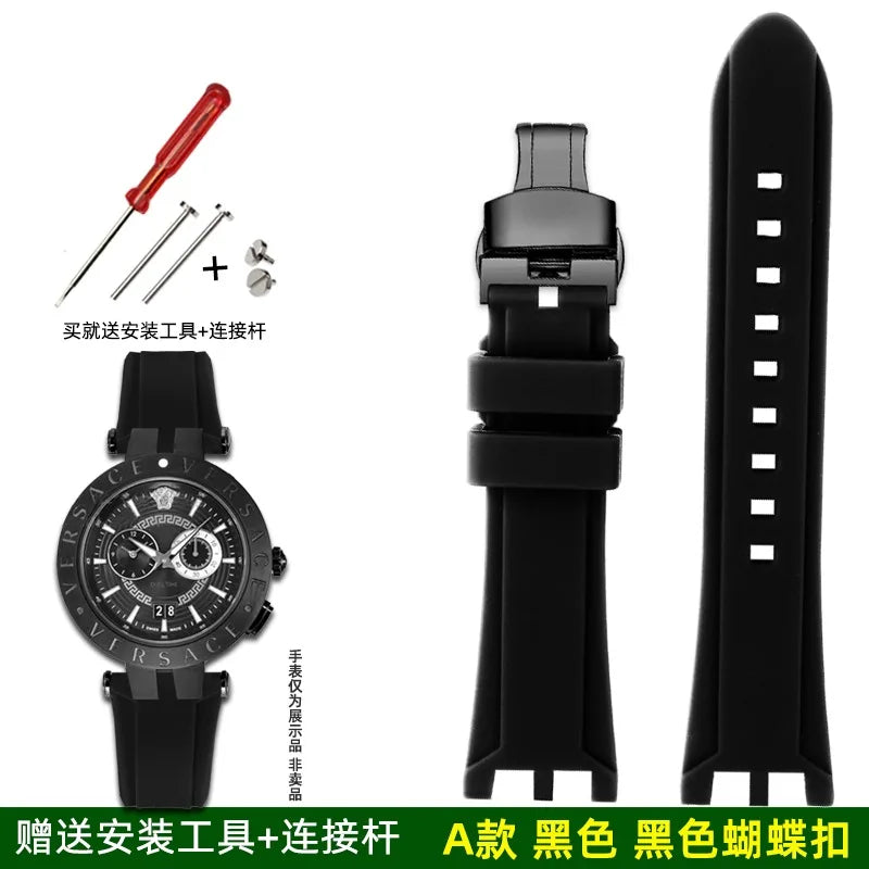 Rubber Watch Band For Versace V-RACE DUAL Series Strap Silicone Watch Accessories 24mm Waterproof Belt Notch Special Concave