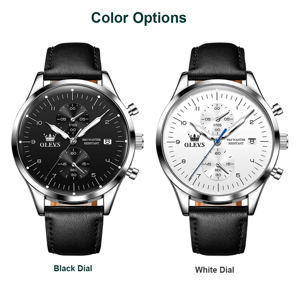 OLEVS 2880 Men Quartz Watch Business Dress Wristwatch Leather Luminous Date 30M Water Resistant Chronograph Style Dial