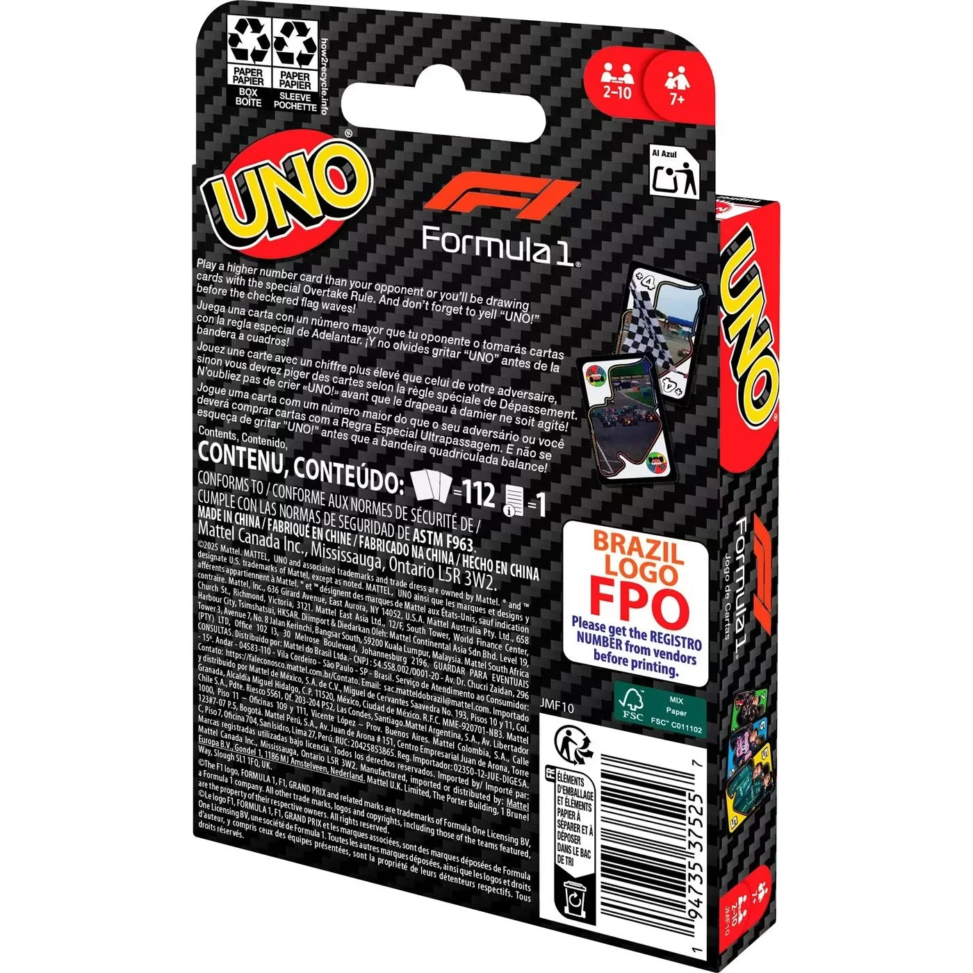 Original Mattel Games UNO F1 Formula 1 Themed Deck 112 Playing Card Game Deck Poker Board Games Christmas Gift for Kids Adults
