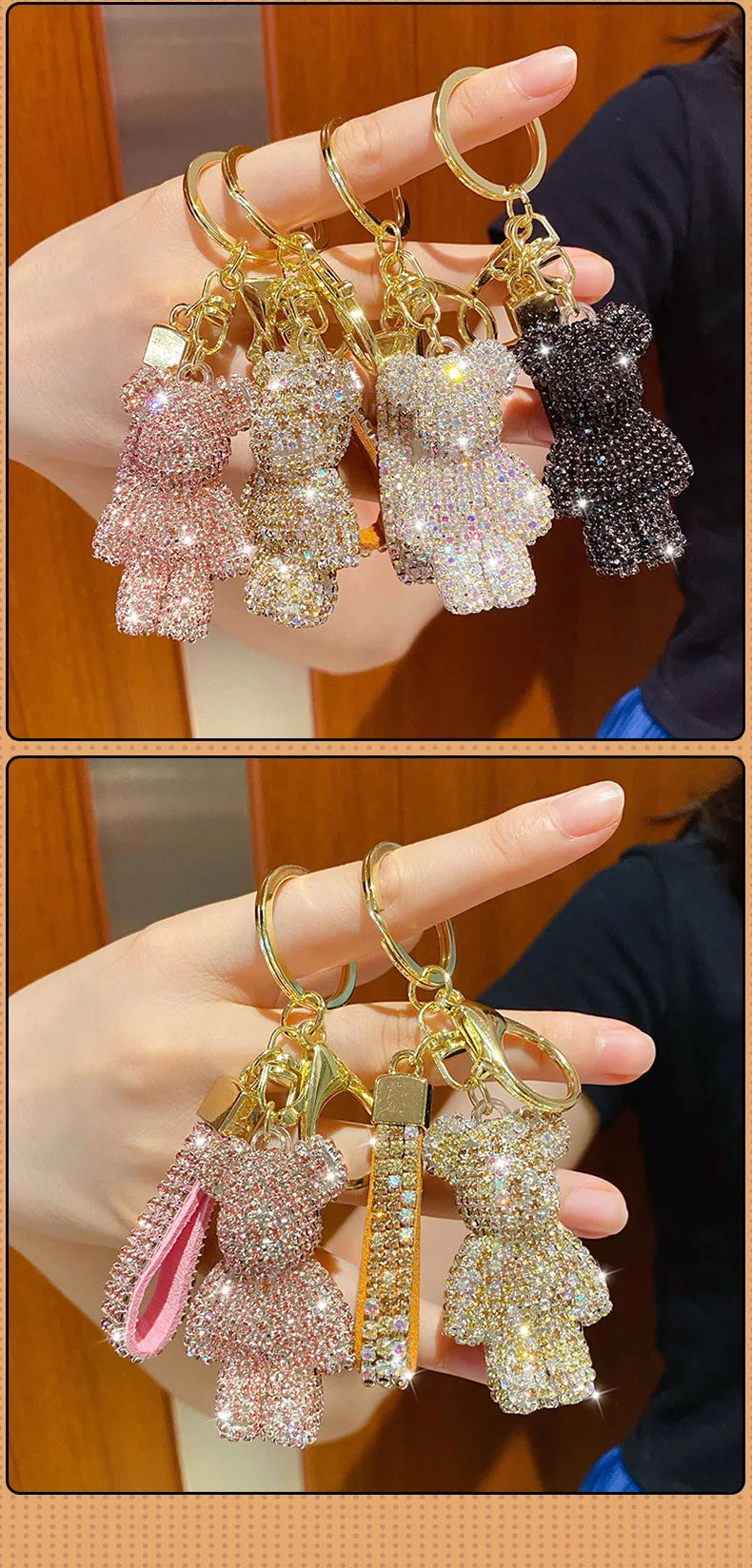 Cute Rhinestones Tassel Bear Keychain Couple Keychain Girl Decoration Small Pendant Car Key Ring Student Bag Pendant