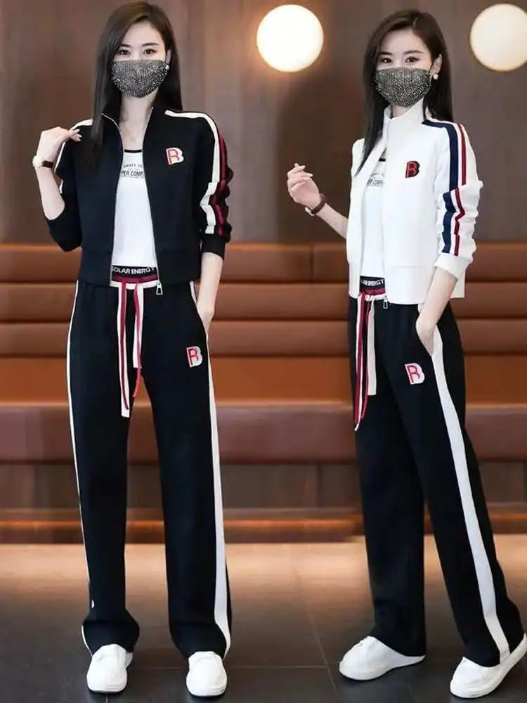 Fashionable Sportswear Two-Piece Set Ladies Wide Leg Pants Jacket Casual Spring Autumn Outfit Stylish Zipper Closure Long Sleeve