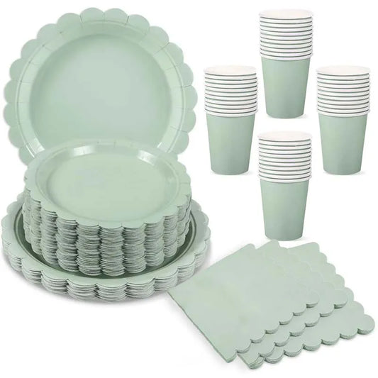 96 Pcs Sage Green Party Cutlery Set Disposable Paper Plates and Cups, Suitable for Weddings, Birthdays, Valentine's Day Supplies