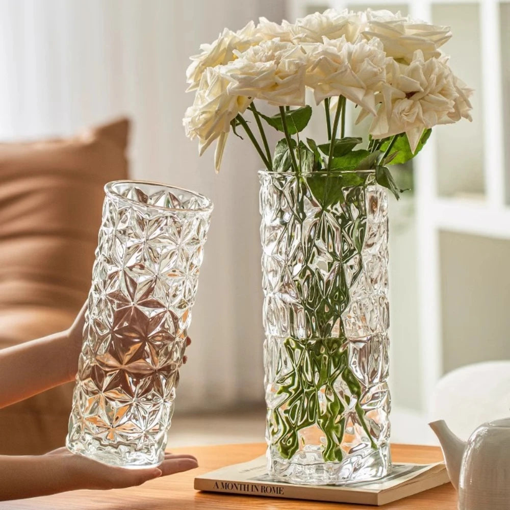 Transparent Hydroponic Glass Vase Glacier Pattern Elegant Home Decor Vase Modern Living Room Flower Arrangements Decor