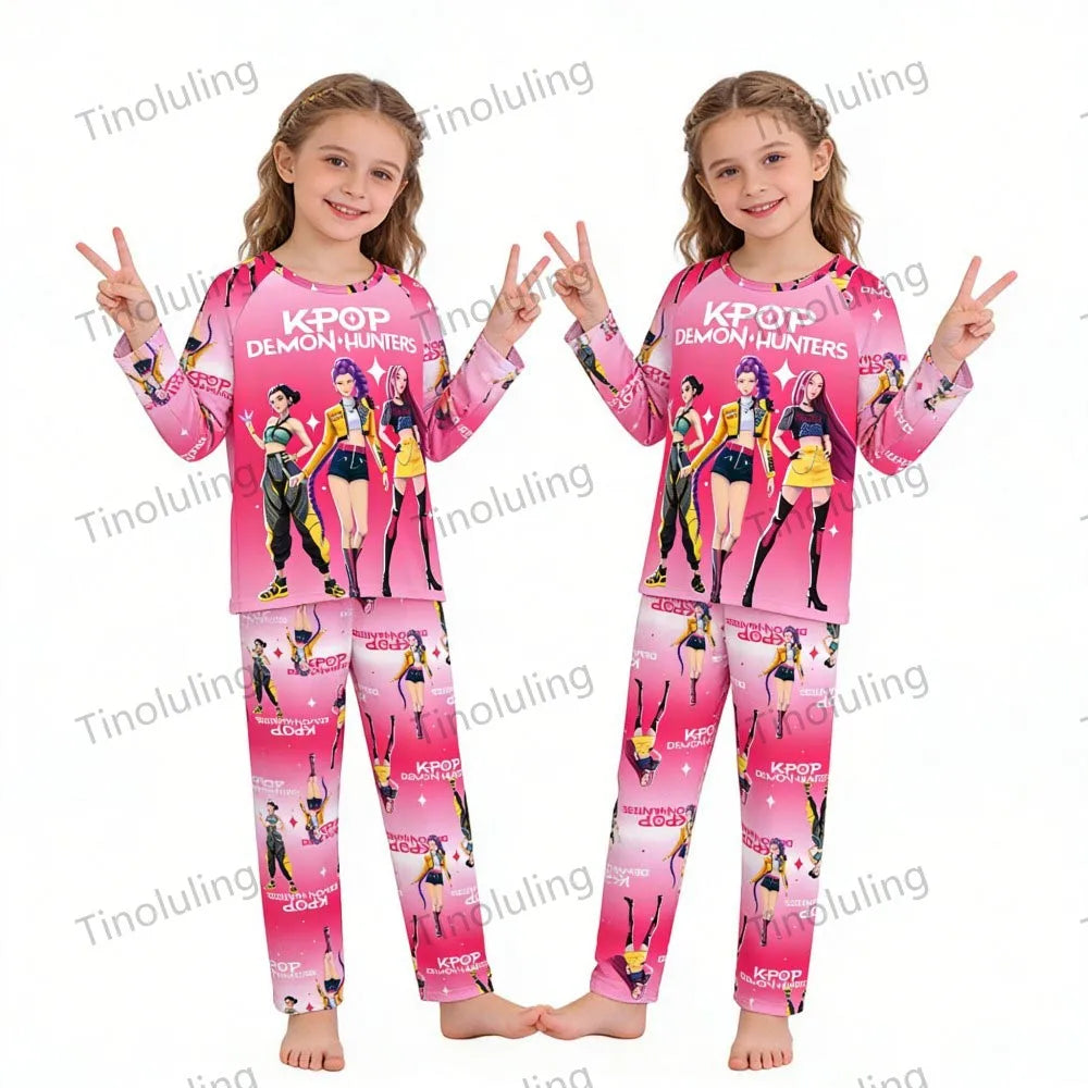 KPop Demon Hunters Huntrix Kids Pajamas Set Long Sleeve Girls Clothing 2pcs Children's Sleepwear Cartoon Boys Nightwear 3-14Y