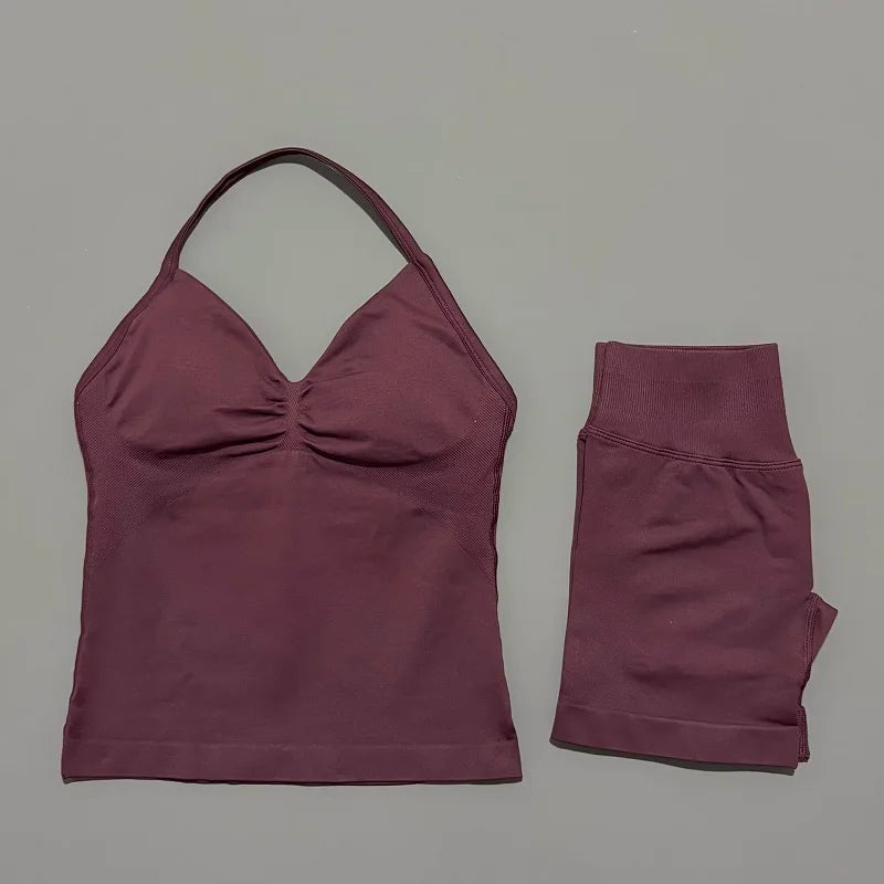 2 Pieces Sports Set Women Backless Tank Yoga Tops High Waist