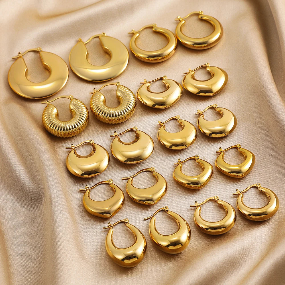 Fashion Glossy Stainless Steel Chunky Hoop Earrings for Women Gold Plated Thick Texture Geometric Circle Earring Vintage Jewelry
