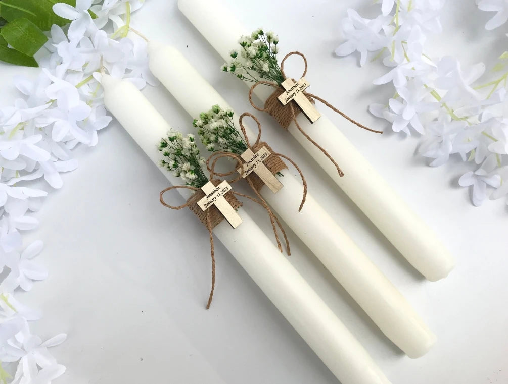 3pcs Personalised Christening Baptism Candle Naming Day Memory Keepsake Gift Unisex Boy Girl, Godparents, Custom Wood Cross