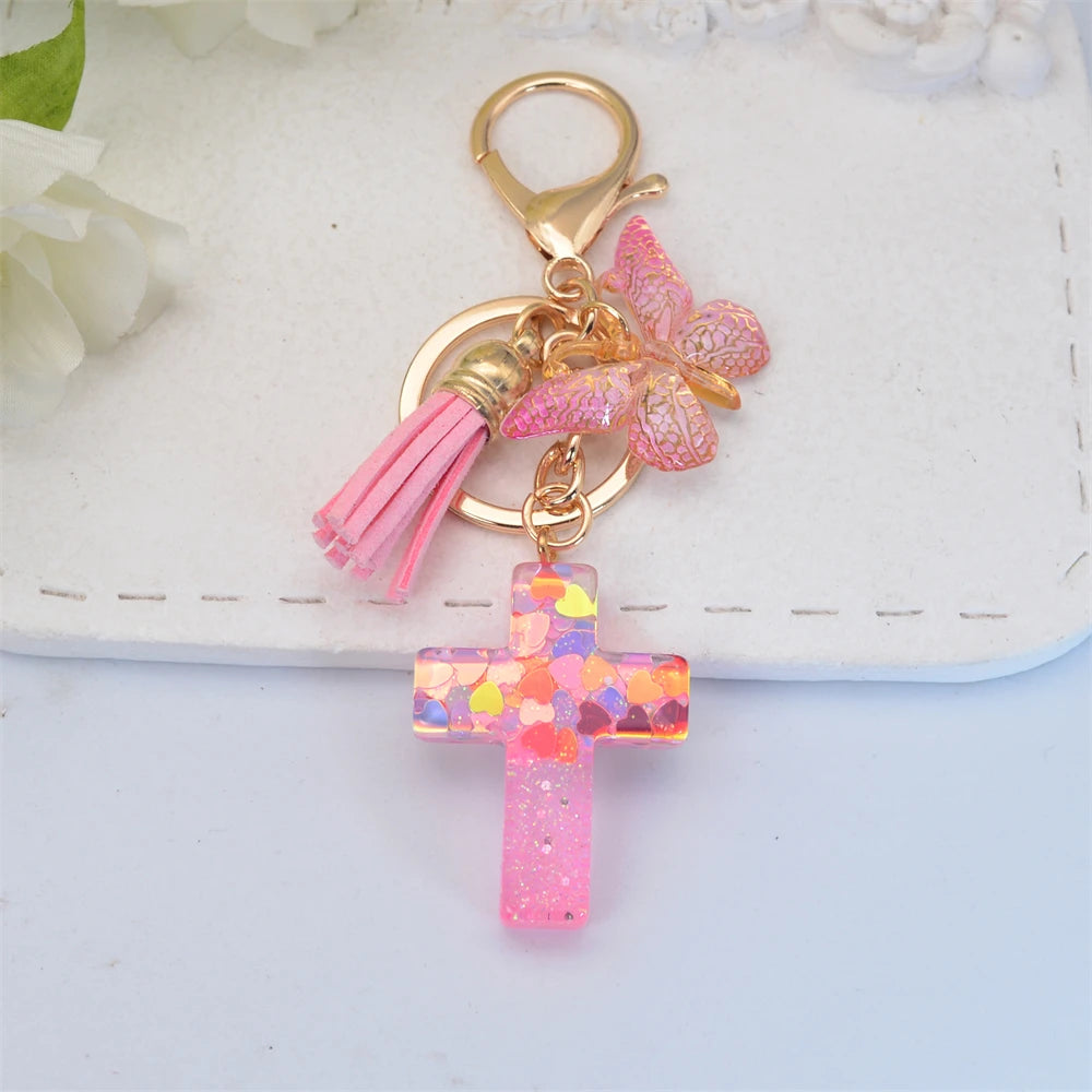 Exquisite Cross Butterfly Keychain Cute Resin Christian Cross Key Ring Purse Bag Pendant Car Key Accessories Women Party Gift