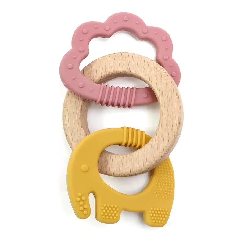 Baby Teething Toys Silicone Wooden Ring Teether BPA Free Cute Elephant Babies Chew Toy for Boys and Girls Newborn Gifts