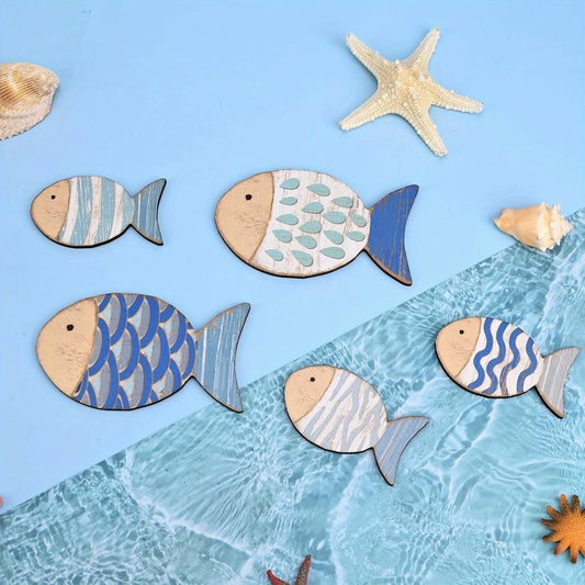 2D Wooden Fish Nautical Walls Beach Art Walls Hang Decorated Marine Themed Retro blue Fish Family Bathroom Pendants Gifts