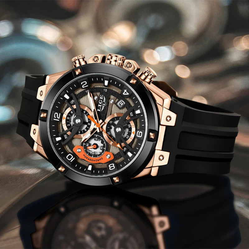 LIGE Luxury Military Men Watch Waterproof Luminous Date Sport Man Wristwatch Chronograph Silicone Strap Quartz Men's Watches
