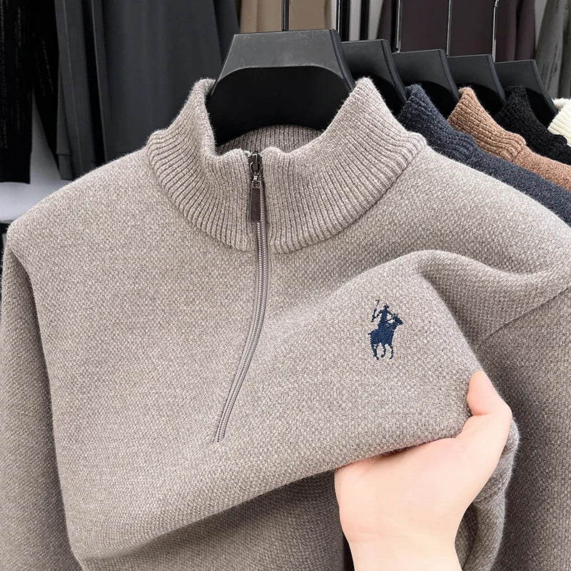 Luxury Quality Men Long-Sleeved Knitwear Mock Neck Half-Zip Thicken Horse Embroidery Spring New Pullover Fashion Casual MensWear
