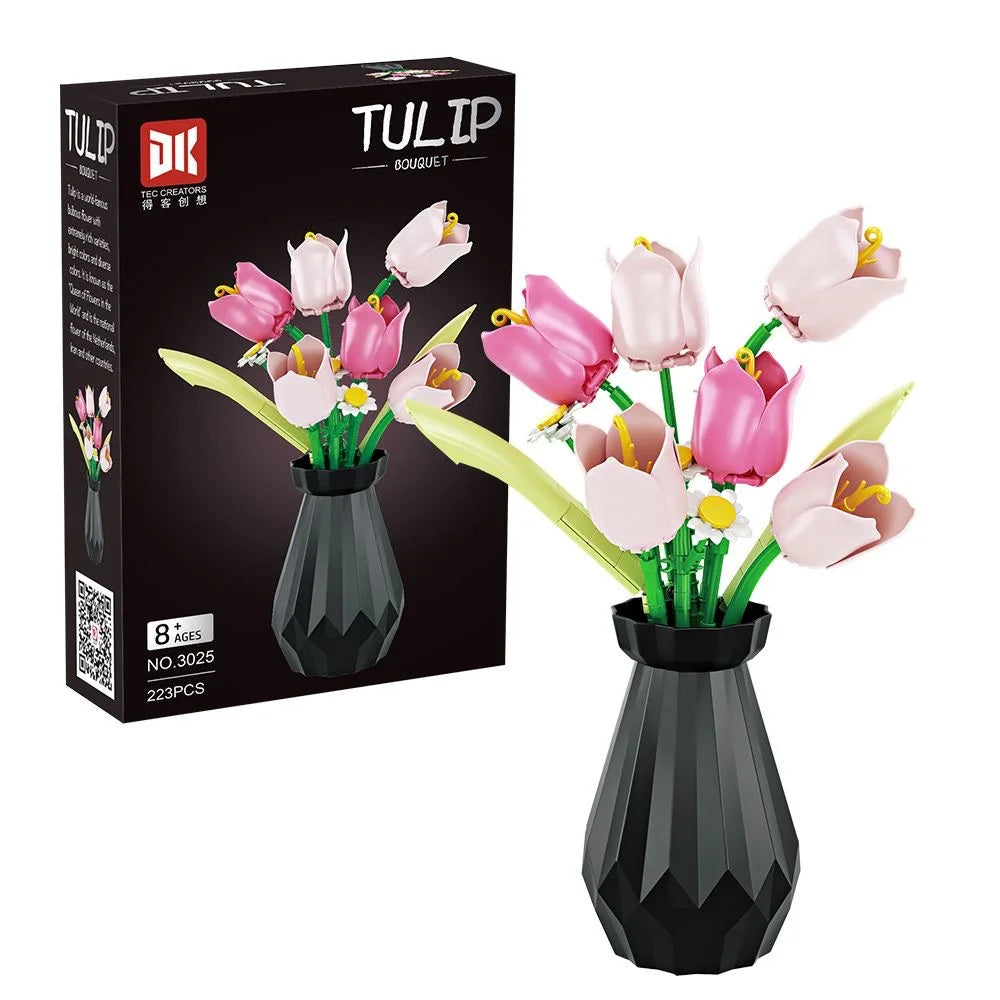Creative Daisy Tulip Rose Potted Plant Bouquet Ornaments Educational Assembling Building Block Toy Gift Flower Home Decoration