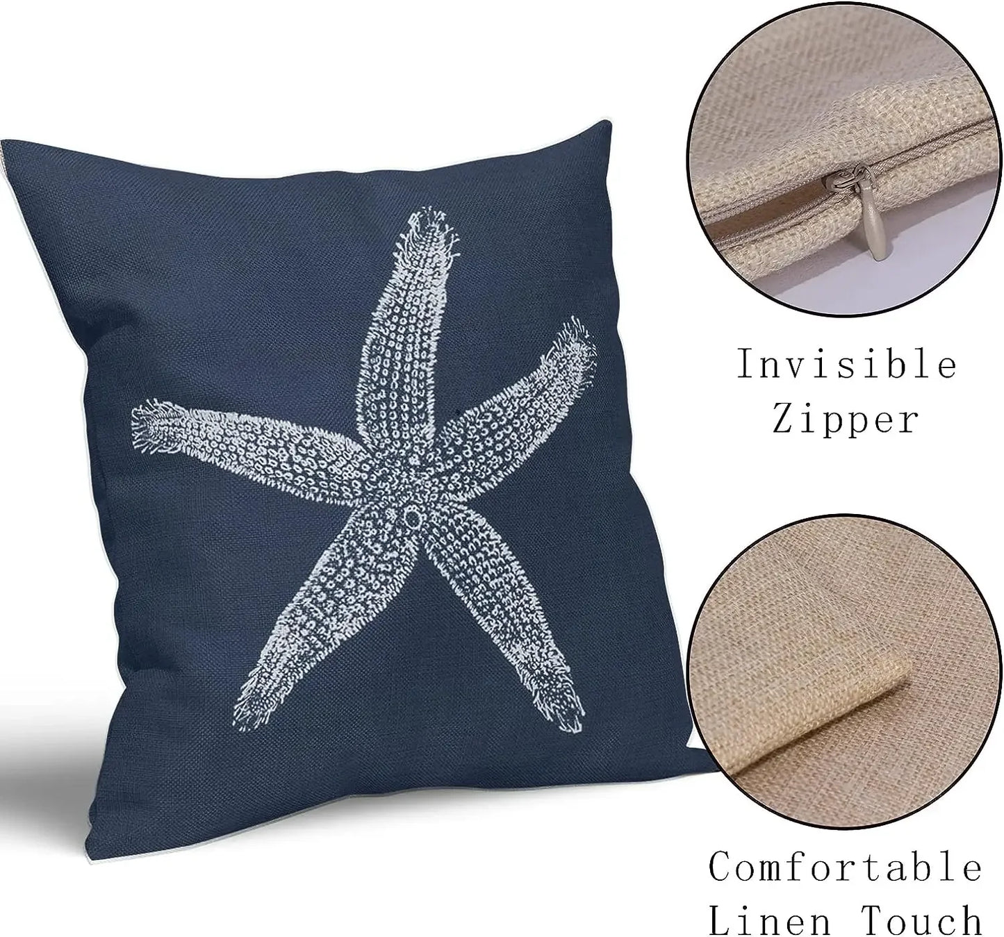 2 Pcs Navy Blue Starfish Pillow Covers 18X18 Inch Coastal Beachy Nautical Beach Decorative Pillowcases Linen Square Cushion Case