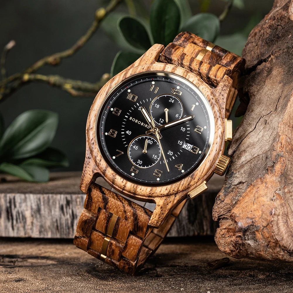 Wooden Watch for Men BOBO BIRD Chronograph Wristwatch with Luminous Hands Wood Watches Anniversary Gift for Him