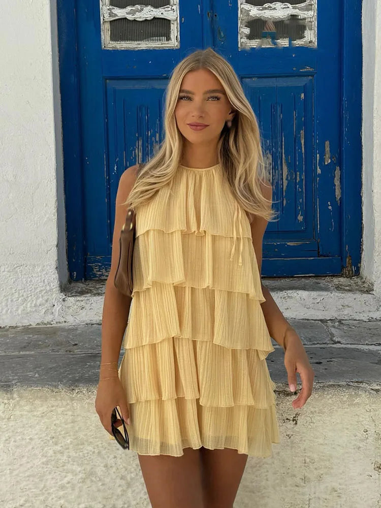 HH Women's Summer New Popular Sweet Laminated Decorative Halter Neck Dress Female Classy Sexy Backless Mini Sleeveless Dress
