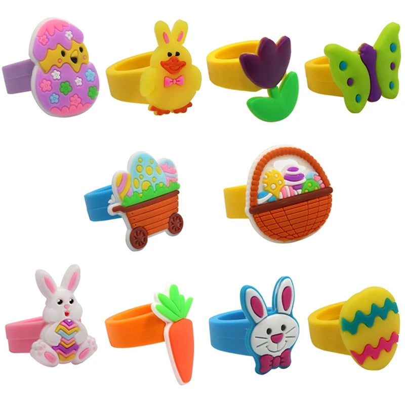 6/12PCS Cartoon Bunny Easter Egg Rings Kids Toys Ring Easter Party Gifts Supply Kids Easter Decoration Gifts Goodie Bag Fillers