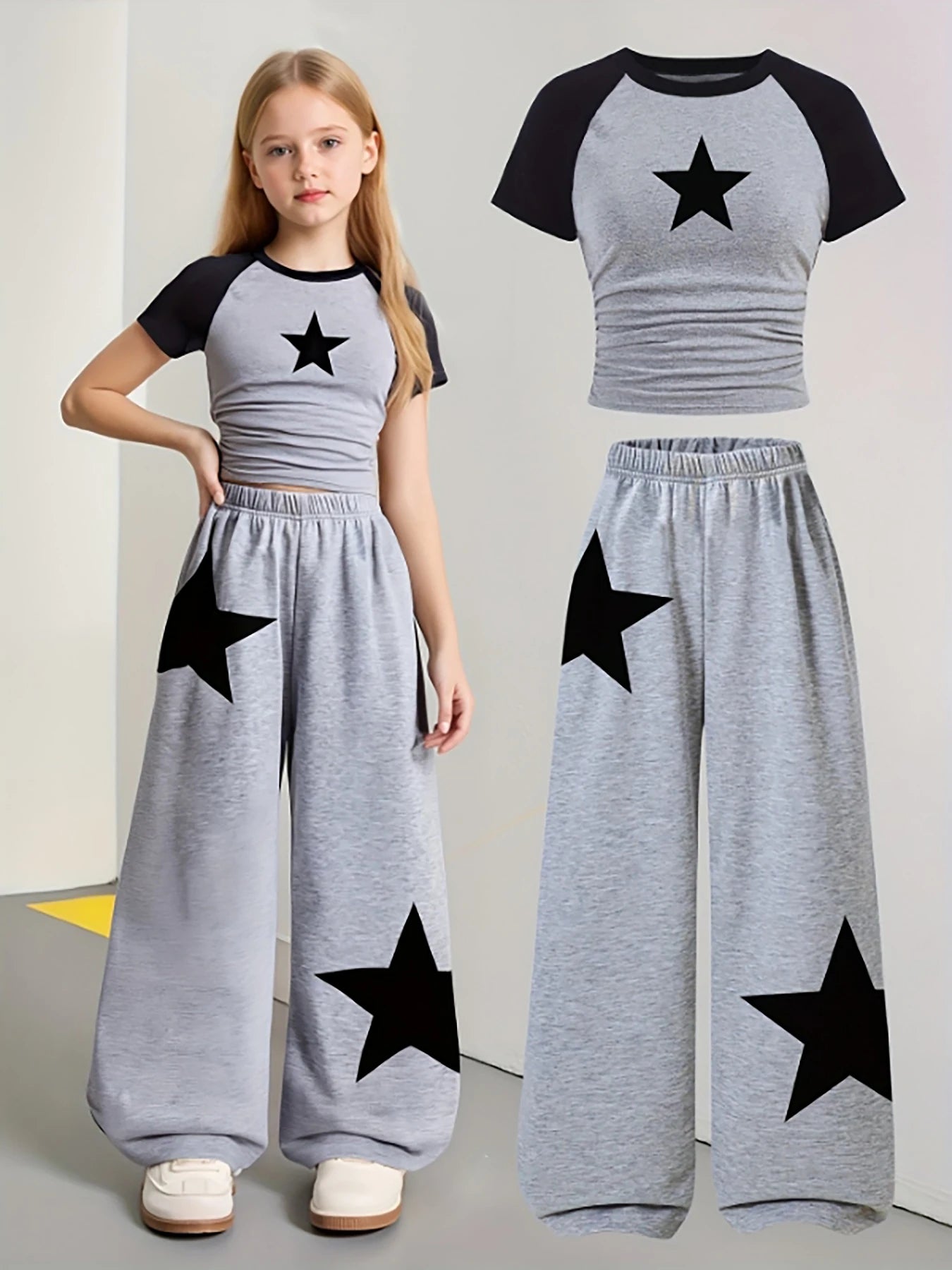 Trendy Items for Girls, Girls' Clothing, 2-Piece Girls' Set, Back-To-School Outfit, Star Pattern, Gray Wide-Leg Sweatpants, American Football, Volleyball, Thanksgiving, Halloween Outfits, Christmas Sweatpants, Suitable for Sp