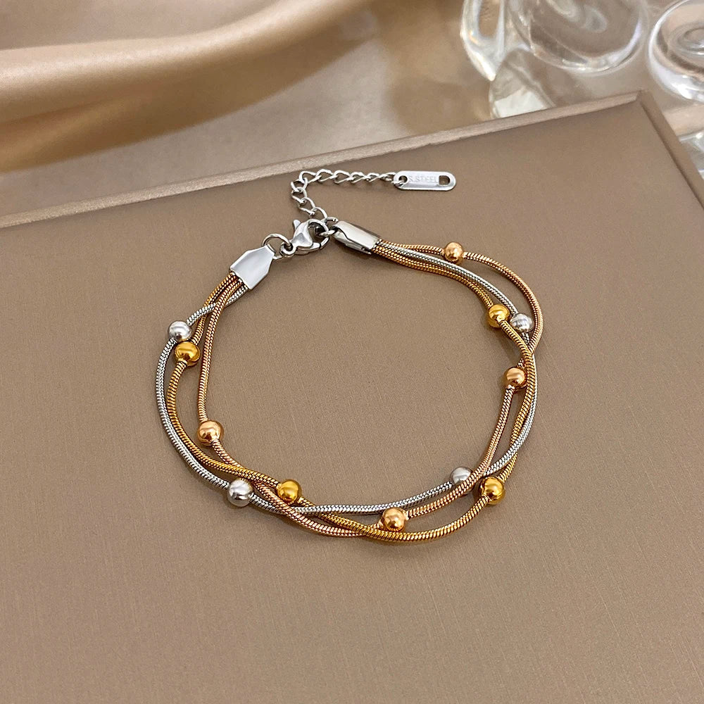 Stylish Gold Silver Color Stainless Steel Adjustable Bracelet for Women Elegant Multilayer Wrap Beaded Bracelets Party Jewelry