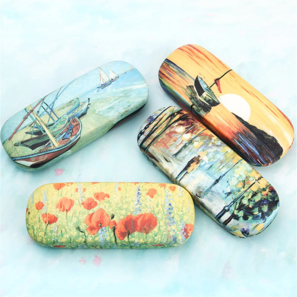 Fashion Oil Painting Glasses Case Box Hard Leather Reading Glasses Box Van Gogh Art Retro Floral Print Eyewear Protector Holder