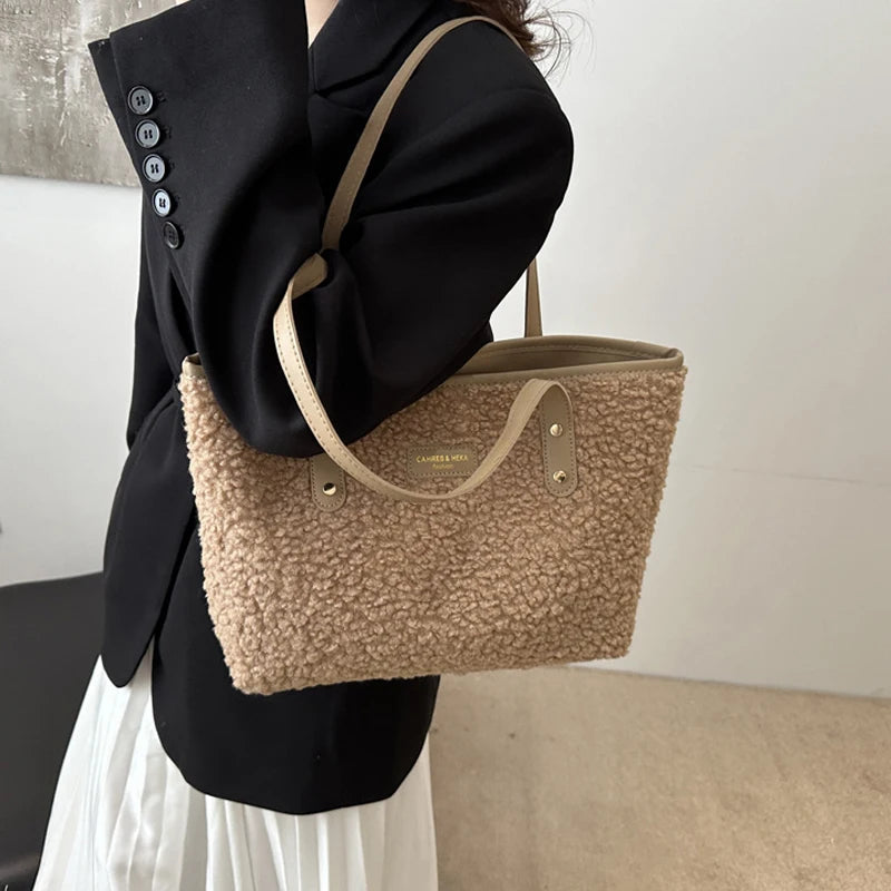 Soft Handbag Large Capacity Fall Winter Shoulder Bag Women Lamb Wool Tote Bag Zipper Closure Casual Shopping Traveling Tote