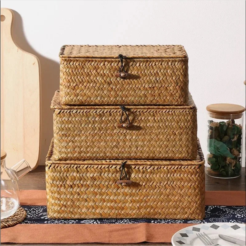 +Handwoven Seagrass Shelf Basket with Lid, Rectangular Desktop Organizer for Makeup & Sundries